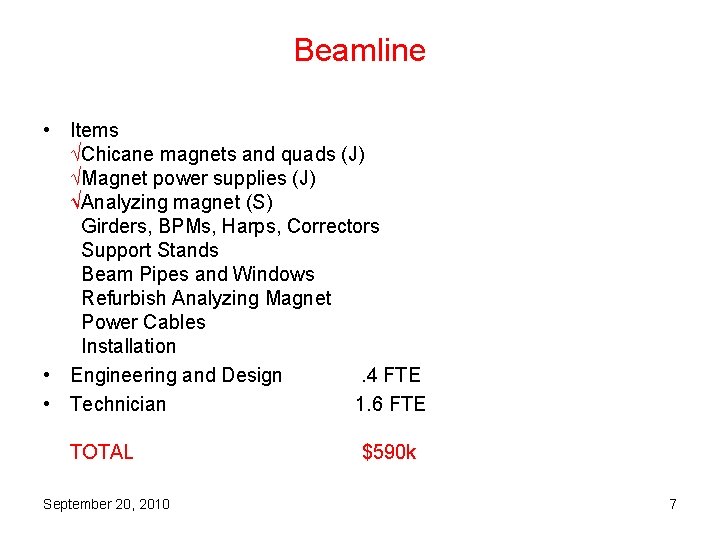 Beamline • Items √Chicane magnets and quads (J) √Magnet power supplies (J) √Analyzing magnet
