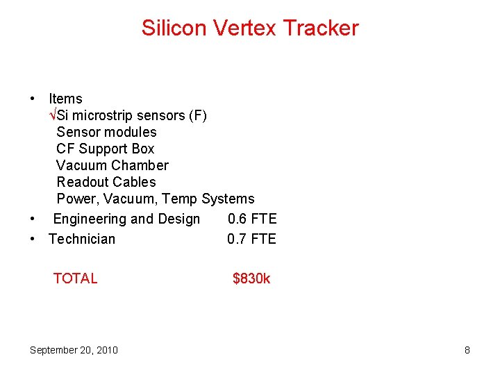 Silicon Vertex Tracker • Items √Si microstrip sensors (F) Sensor modules CF Support Box