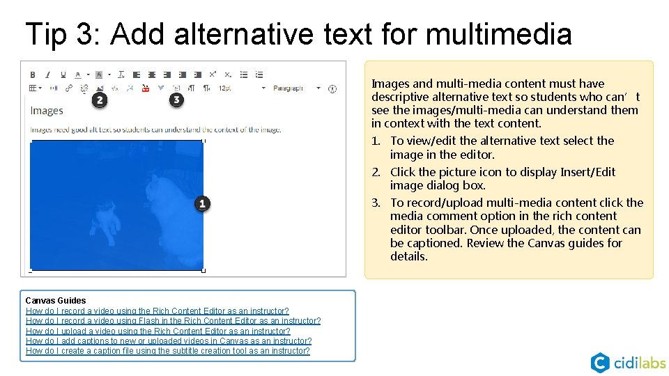 Tip 3: Add alternative text for multimedia Images and multi-media content must have descriptive