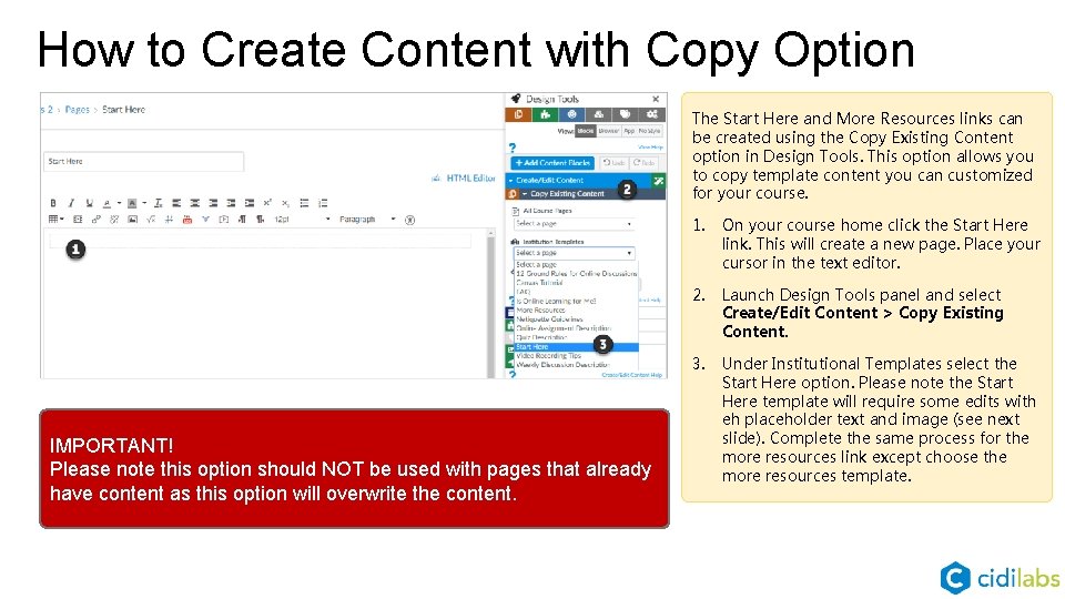 How to Create Content with Copy Option The Start Here and More Resources links