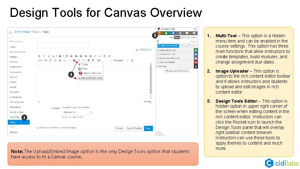 Design Tools for Canvas Overview Note: The Upload/Embed image option is the only Design