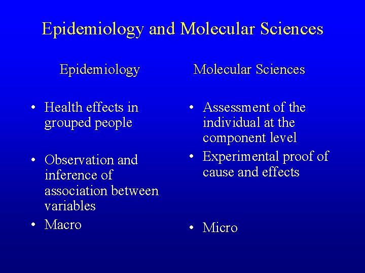 Epidemiology and Molecular Sciences Epidemiology • Health effects in grouped people • Observation and