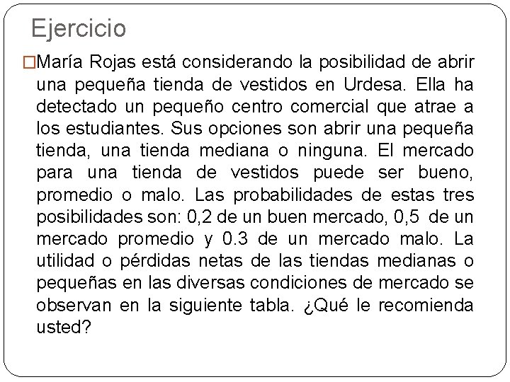 Ejercicio �María Rojas está considerando la posibilidad de abrir una pequeña tienda de vestidos