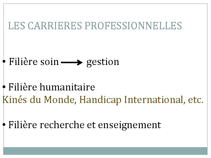 LES CARRIERES PROFESSIONNELLES • Filière soin gestion • Filière humanitaire Kinés du Monde, Handicap