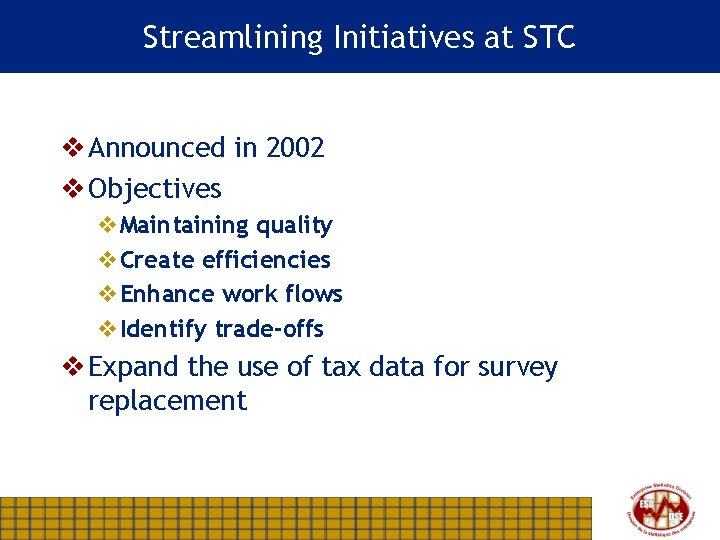 Streamlining Initiatives at STC v Announced in 2002 v Objectives v. Maintaining quality v.