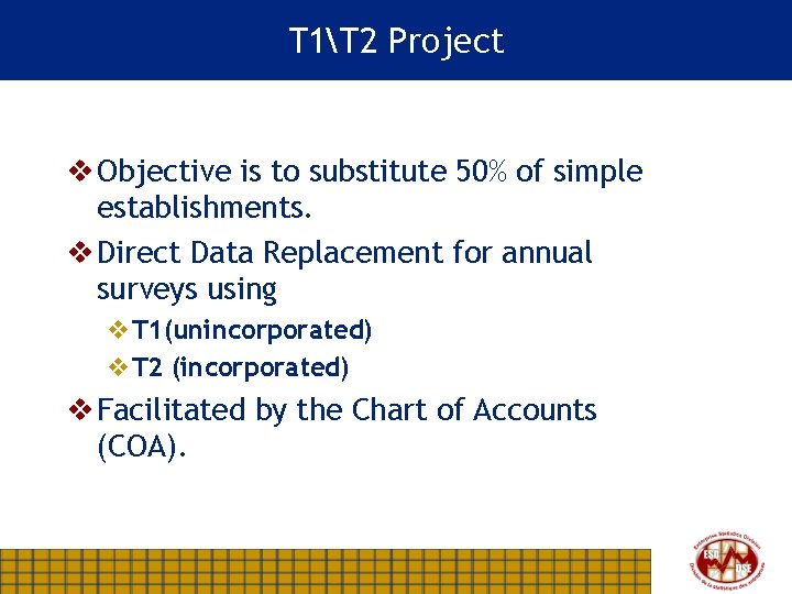 T 1T 2 Project v Objective is to substitute 50% of simple establishments. v