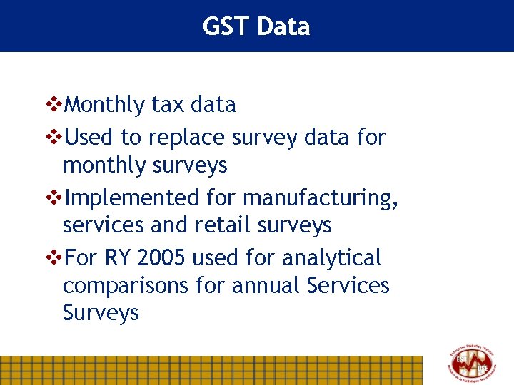 GST Data v. Monthly tax data v. Used to replace survey data for monthly