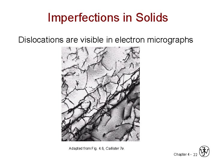 Imperfections in Solids Dislocations are visible in electron micrographs Adapted from Fig. 4. 6,