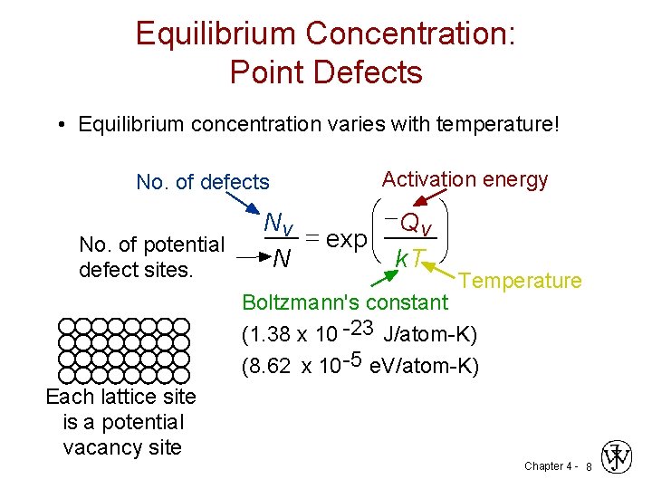 Equilibrium Concentration: Point Defects • Equilibrium concentration varies with temperature! No. of defects No.