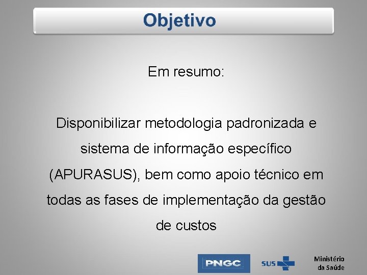 Em resumo: Disponibilizar metodologia padronizada e sistema de informação específico (APURASUS), bem como apoio Em resumo: Disponibilizar metodologia padronizada e sistema de informação específico (APURASUS), bem como apoio