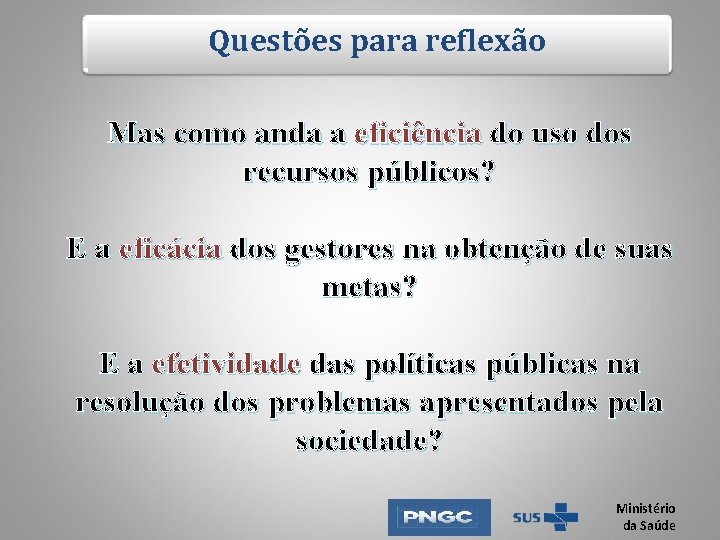 Questões para reflexão Mas como anda a eficiência do uso dos recursos públicos? E Questões para reflexão Mas como anda a eficiência do uso dos recursos públicos? E