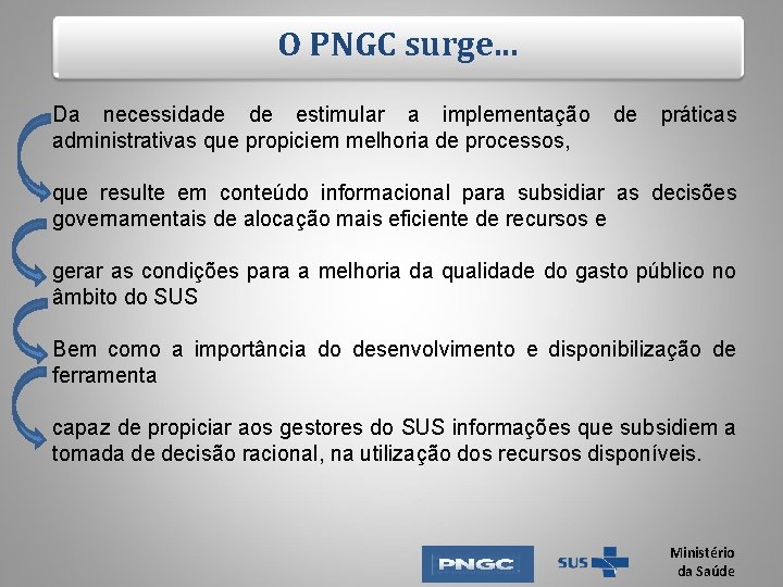 O PNGC surge. . . Da necessidade de estimular a implementação administrativas que propiciem O PNGC surge. . . Da necessidade de estimular a implementação administrativas que propiciem