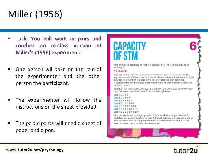 Miller (1956) § Task: You will work in pairs and conduct an in-class version