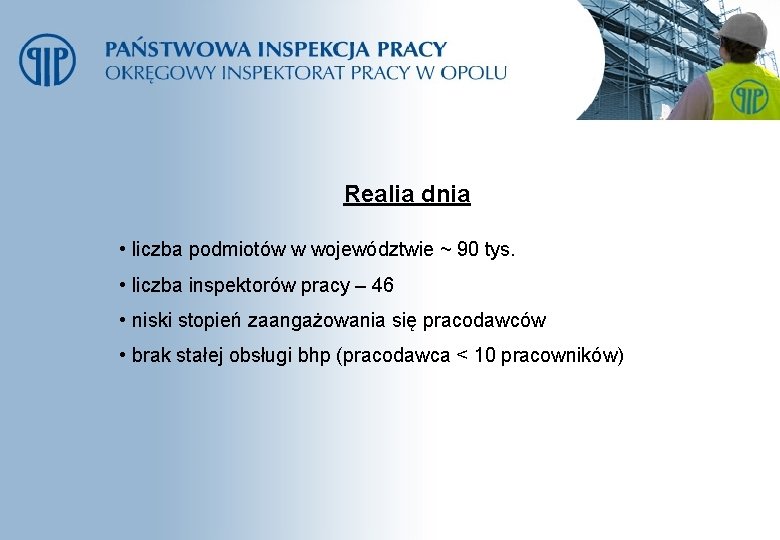 Realia dnia • liczba podmiotów w województwie ~ 90 tys. • liczba inspektorów pracy