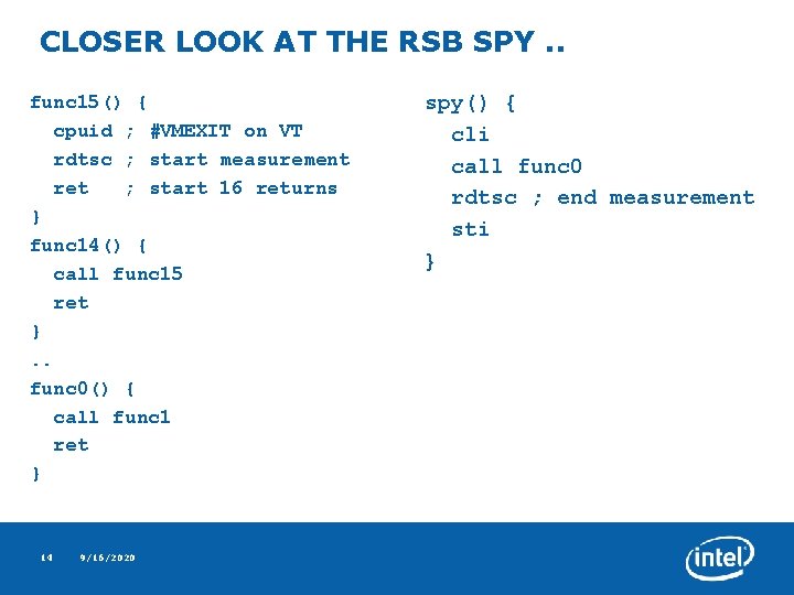 CLOSER LOOK AT THE RSB SPY. . func 15() { cpuid ; #VMEXIT on