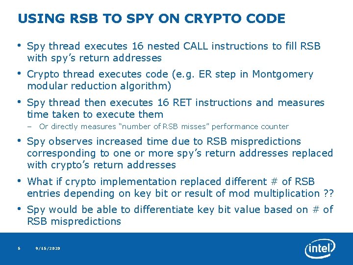 USING RSB TO SPY ON CRYPTO CODE • Spy thread executes 16 nested CALL
