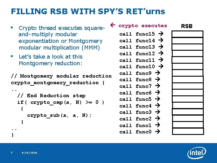 FILLING RSB WITH SPY’S RET’urns • Crypto thread executes squareand-multiply modular exponentiation or Montgomery