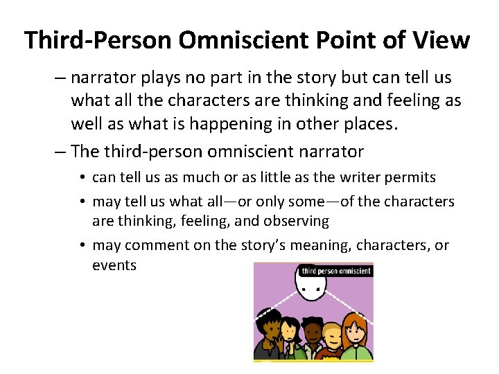 Third-Person Omniscient Point of View – narrator plays no part in the story but