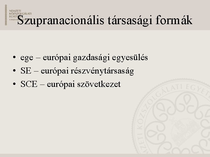 Szupranacionális társasági formák • ege – európai gazdasági egyesülés • SE – európai részvénytársaság