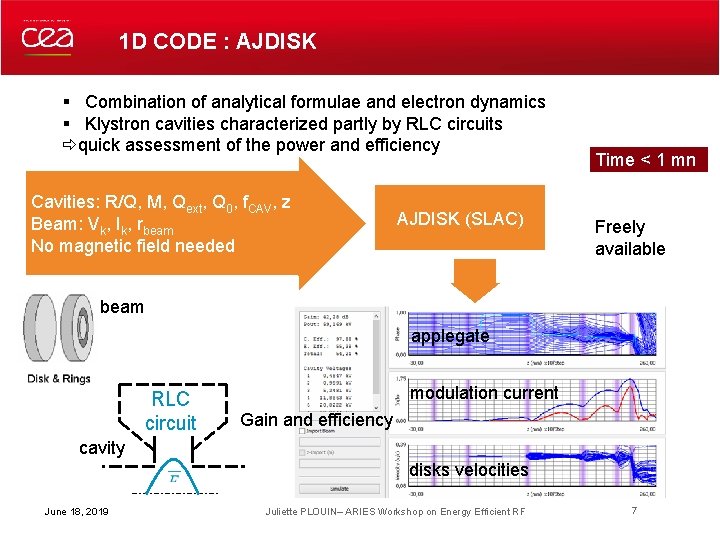 1 D CODE : AJDISK § Combination of analytical formulae and electron dynamics § 1 D CODE : AJDISK § Combination of analytical formulae and electron dynamics §