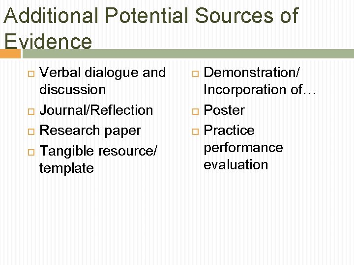 Additional Potential Sources of Evidence Verbal dialogue and discussion Journal/Reflection Research paper Tangible resource/