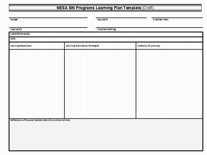 NESA BN Programs Learning Plan Template (Draft) Name Course # Instructor Practice Setting Practice