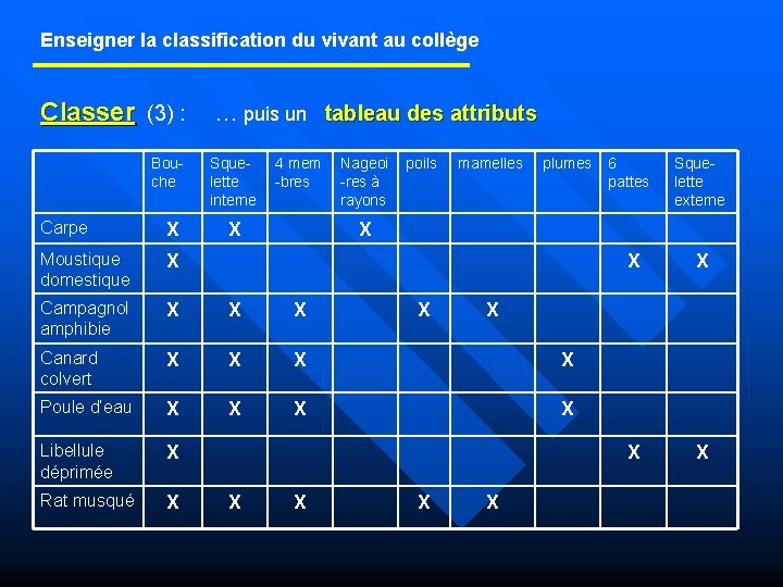 Enseigner la classification du vivant au collège Classer (3) : … puis un tableau