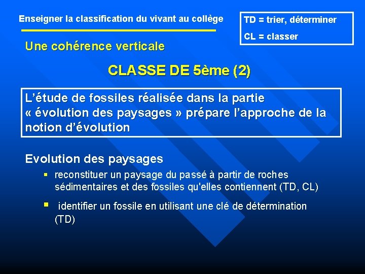 Enseigner la classification du vivant au collège Une cohérence verticale TD = trier, déterminer