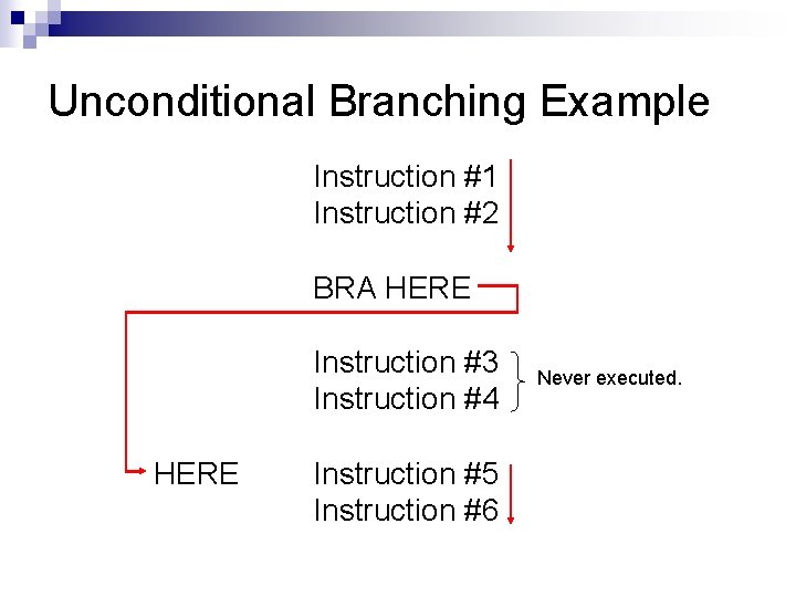 Unconditional Branching Example Instruction #1 Instruction #2 BRA HERE Instruction #3 Instruction #4 HERE