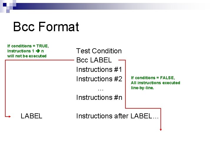 Bcc Format If conditions = TRUE, Instructions 1 n will not be executed LABEL