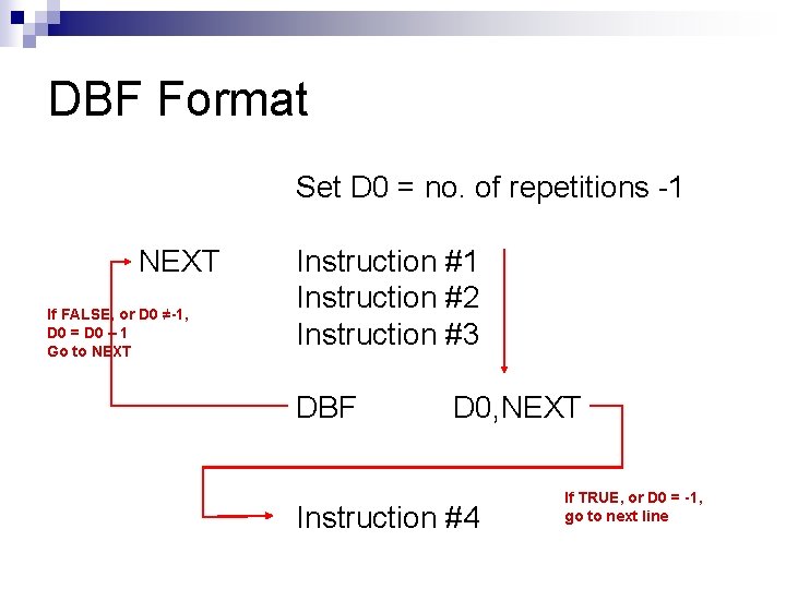 DBF Format Set D 0 = no. of repetitions -1 NEXT If FALSE, or