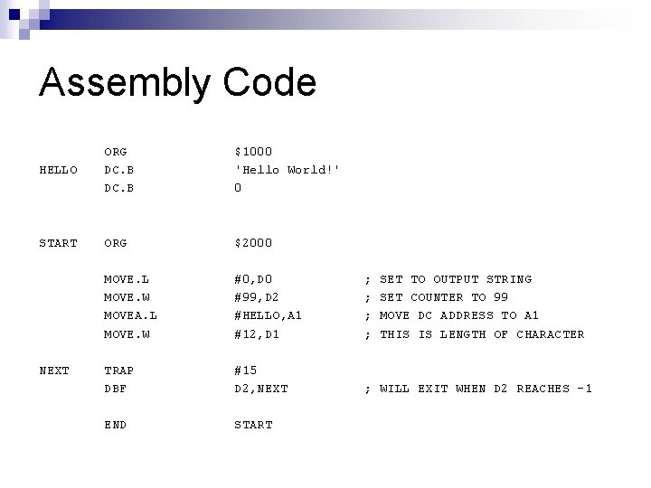 Assembly Code HELLO ORG DC. B $1000 'Hello World!' 0 START ORG $2000 MOVE.