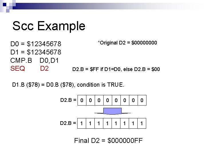 Scc Example D 0 = $12345678 D 1 = $12345678 CMP. B D 0,