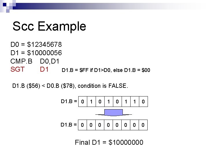 Scc Example D 0 = $12345678 D 1 = $10000056 CMP. B D 0,