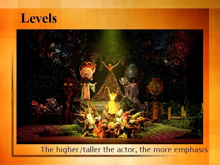 Levels The higher/taller the actor, the more emphasis 