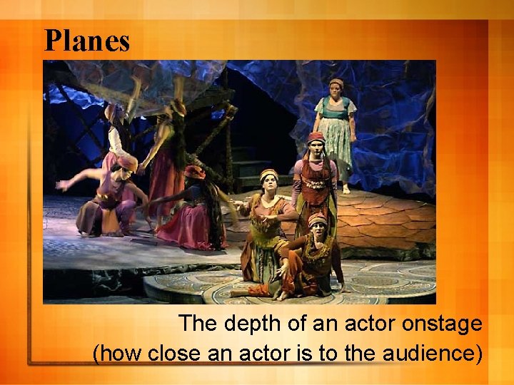 Planes The depth of an actor onstage (how close an actor is to the