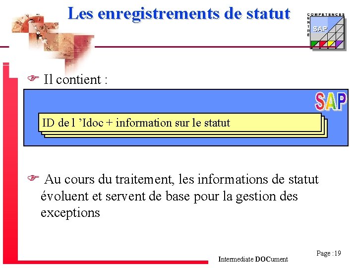 Les enregistrements de statut F Il contient : ID de l ’Idoc + information