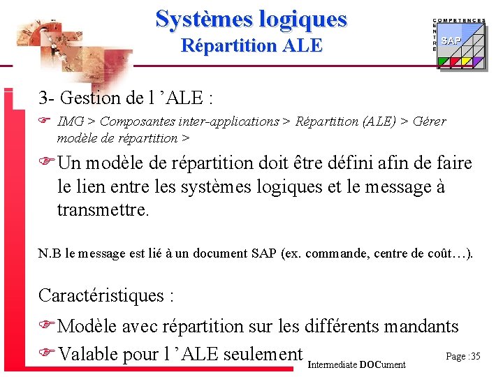 Systèmes logiques Répartition ALE 3 - Gestion de l ’ALE : F IMG >