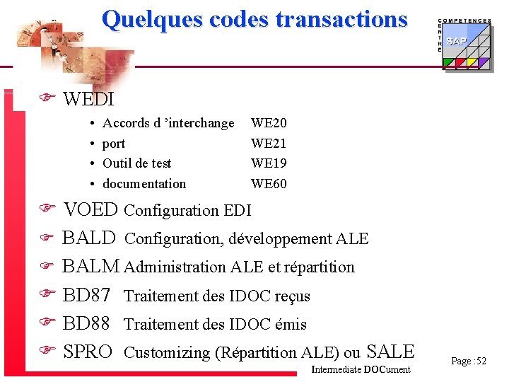 Quelques codes transactions F WEDI • • Accords d ’interchange port Outil de test