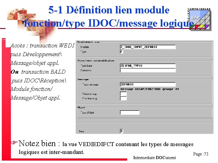5 -1 Définition lien module fonction/type IDOC/message logique Accès : transaction WEDI puis Développement