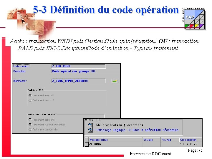 5 -3 Définition du code opération Accès : transaction WEDI puis GestionCode opér. (réception)