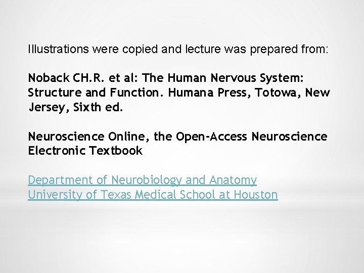 Illustrations were copied and lecture was prepared from: Noback CH. R. et al: The