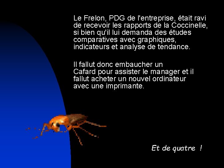 Le Frelon, PDG de l'entreprise, était ravi de recevoir les rapports de la Coccinelle,