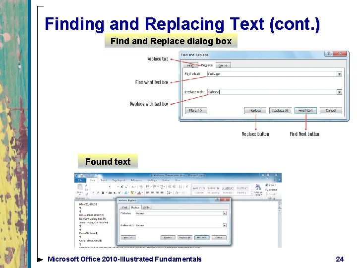 Finding and Replacing Text (cont. ) Find and Replace dialog box Found text Microsoft
