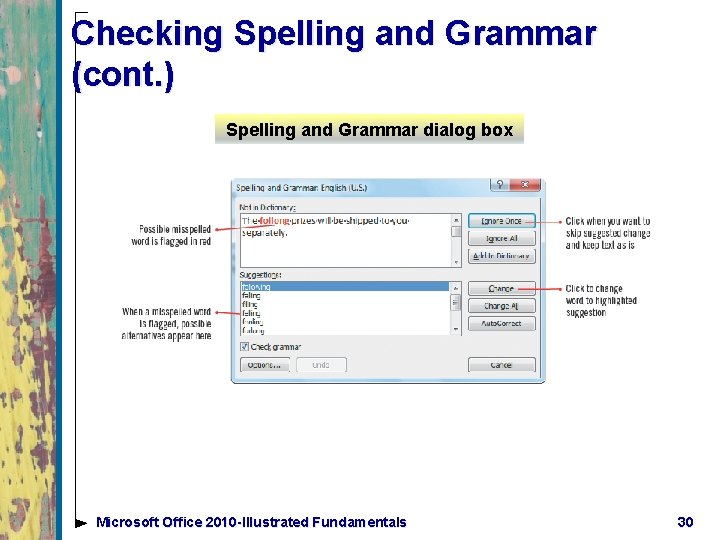 Checking Spelling and Grammar (cont. ) Spelling and Grammar dialog box Microsoft Office 2010