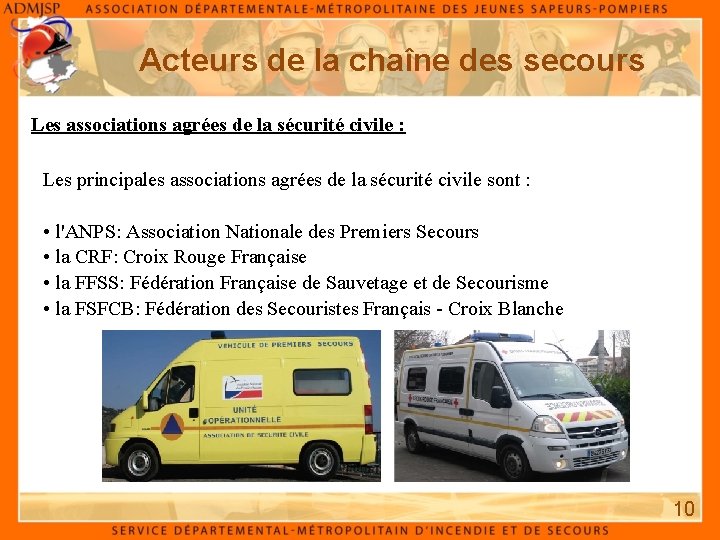 Acteurs de la chaîne des secours Les associations agrées de la sécurité civile : Acteurs de la chaîne des secours Les associations agrées de la sécurité civile :