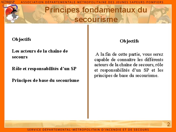 Principes fondamentaux du secourisme Objectifs Les acteurs de la chaîne de secours Rôle et Principes fondamentaux du secourisme Objectifs Les acteurs de la chaîne de secours Rôle et