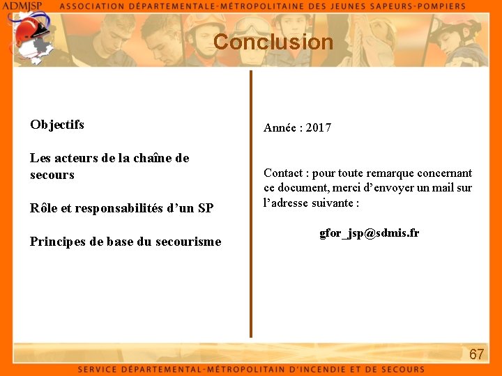 Conclusion Objectifs Les acteurs de la chaîne de secours Rôle et responsabilités d’un SP Conclusion Objectifs Les acteurs de la chaîne de secours Rôle et responsabilités d’un SP