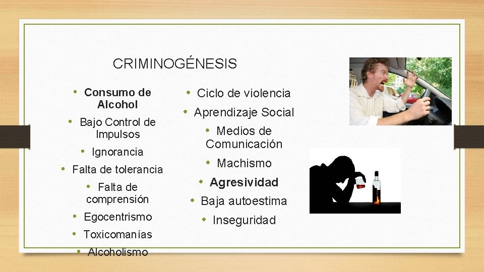 CRIMINOGÉNESIS • Consumo de Alcohol • Bajo Control de Impulsos • Ignorancia • Falta