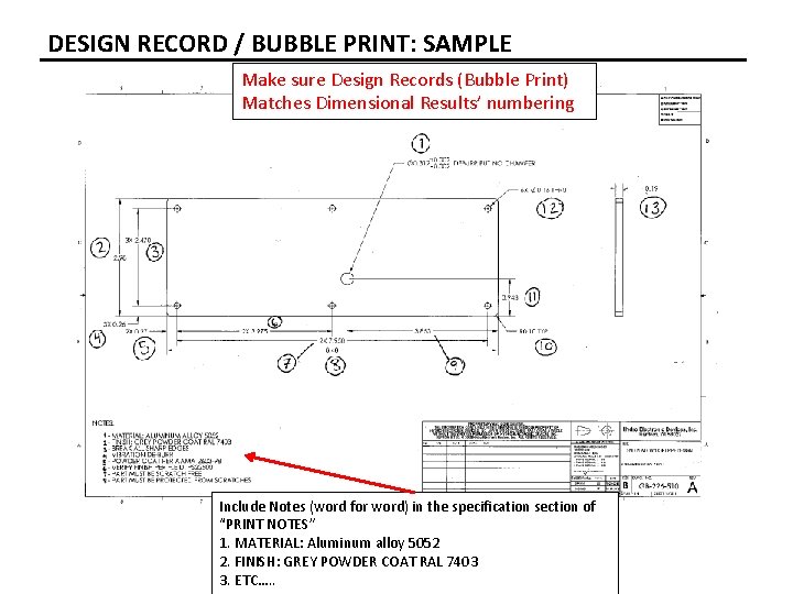 DESIGN RECORD / BUBBLE PRINT: SAMPLE Make sure Design Records (Bubble Print) Matches Dimensional